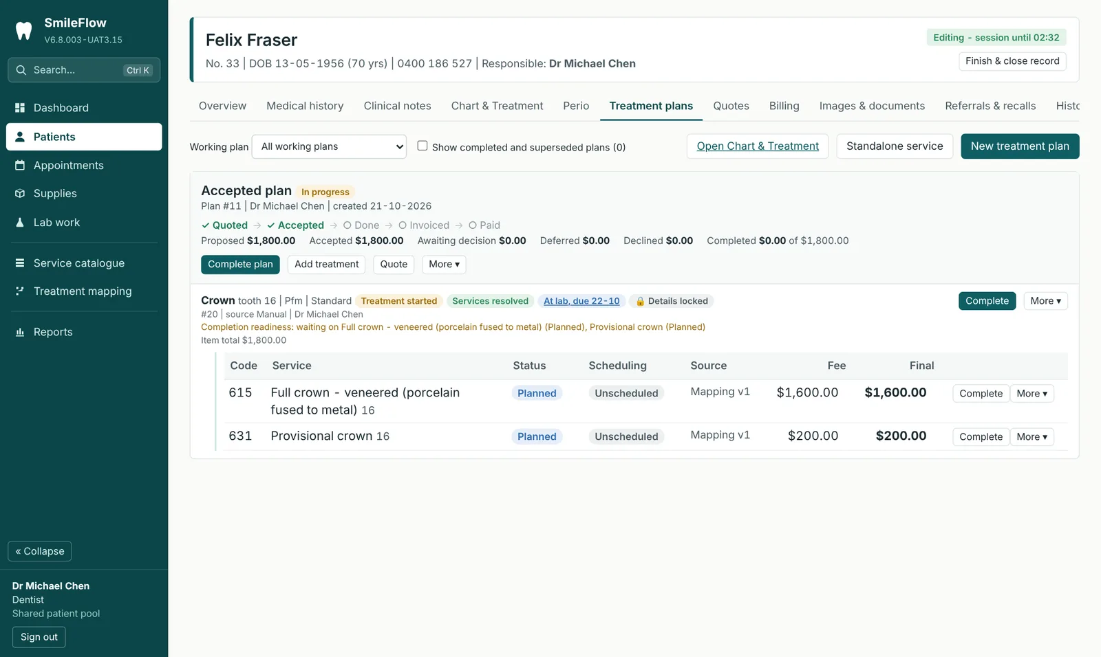 A treatment plan in SmileFlow showing a crown with its services, fees and lab status